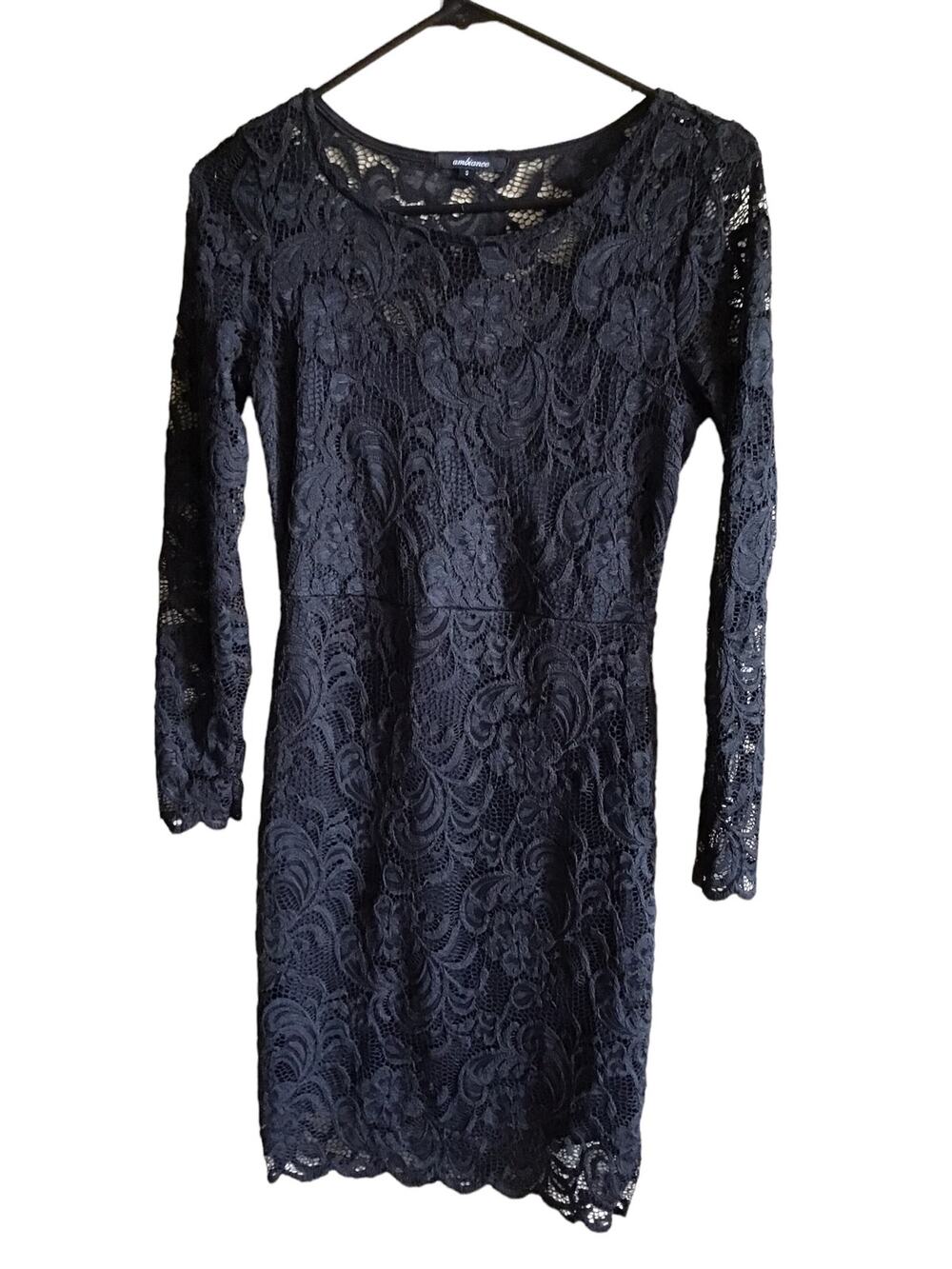 Ambiance Little Black Cocktail Dress Stretch Lace Covered Size S